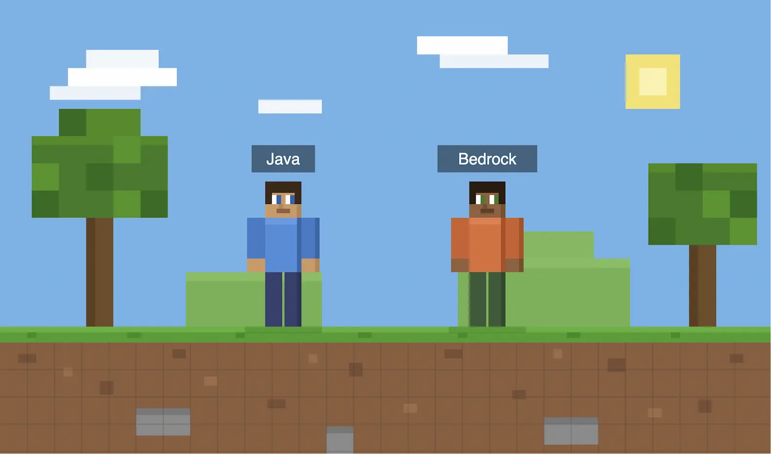 A Java Edition player and a Bedrock Edition player standing together in the same Minecraft world.