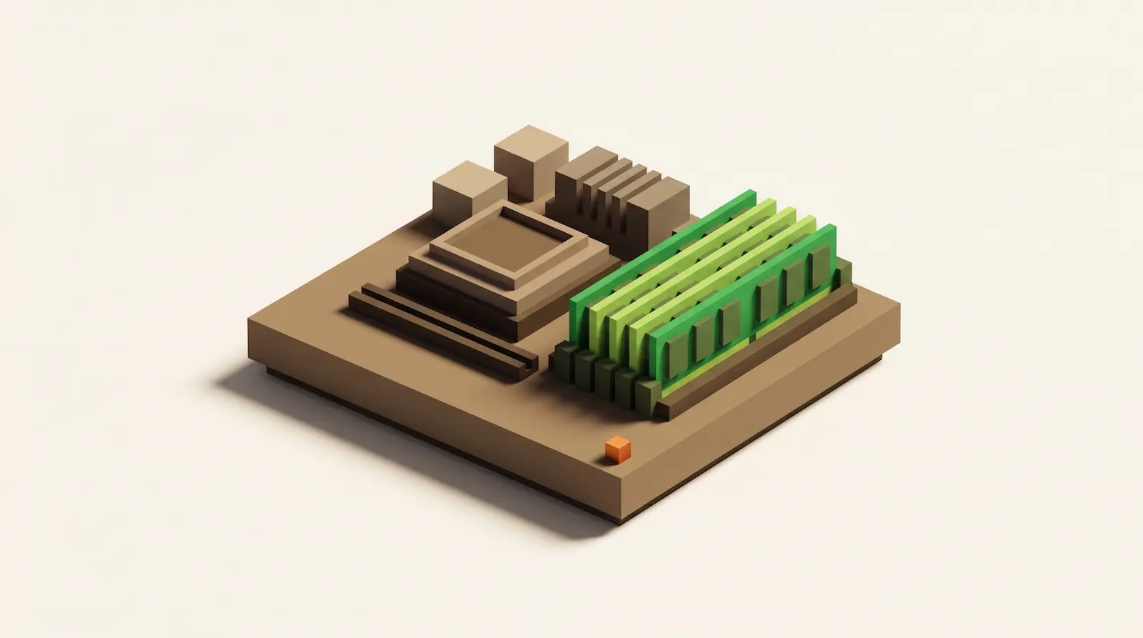 A server motherboard with a central processor socket, a heatsink, memory modules fitted into parallel slots, and a small illuminated status indicator.