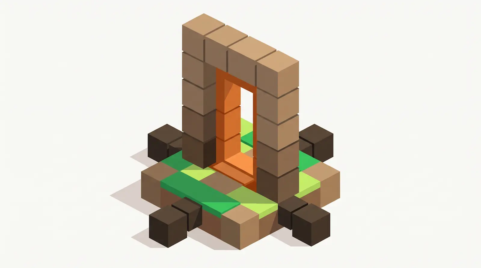 A stone gateway stands upon an earthen platform with patches of moss, crossed perpendicularly by thick conduits passing through its glowing orange opening.