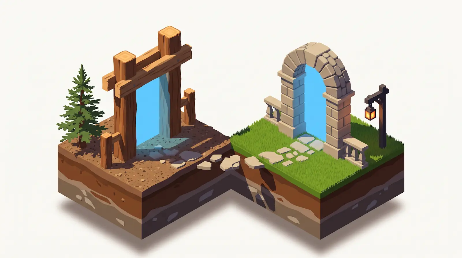 A wilderness timber gateway and a vaulted stone archway face each other across a split ground chunk of rough dirt and green turf connected by stepping stones.