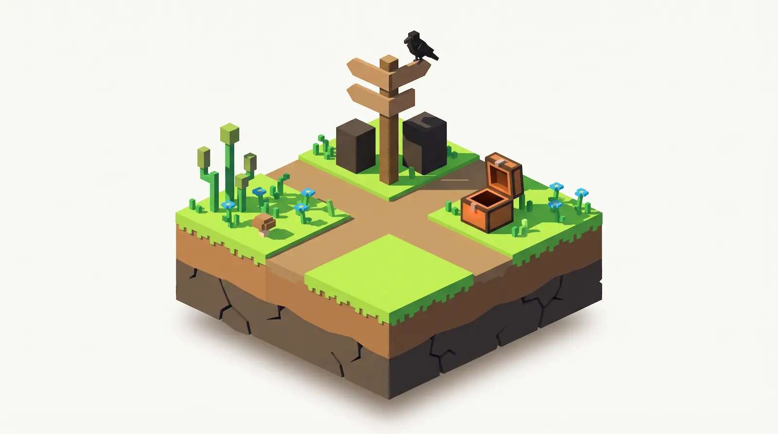 A square section of grassy ground with layered cut earth underneath, featuring crossroads, a signpost with blank arrows, a raven, an open chest glowing from inside, and wild verge flowers.