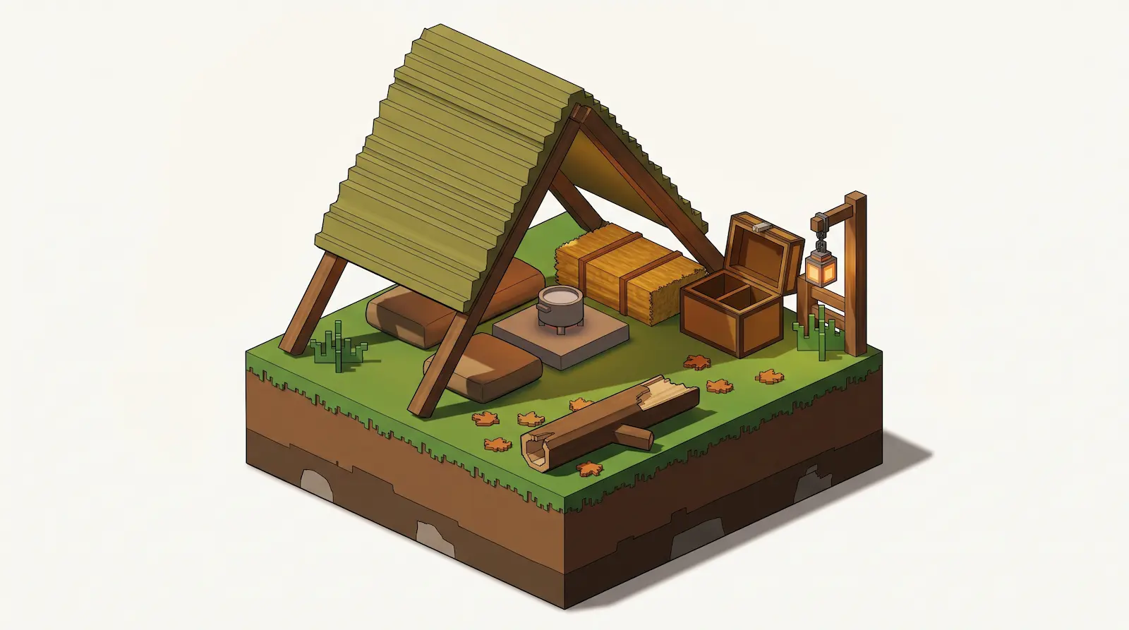 A Minecraft abandoned camp with a canopy, cushions, hay bales, a cooking pot, an open chest and a lantern
