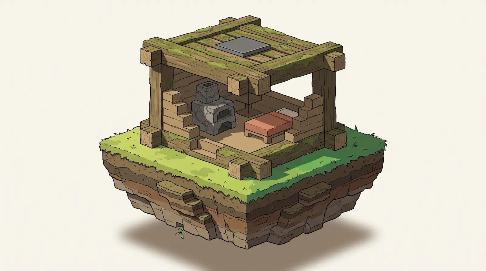 An open wooden shelter with an unlit stone furnace and a bed, sitting on a deep cut chunk of turf and stratified rock.