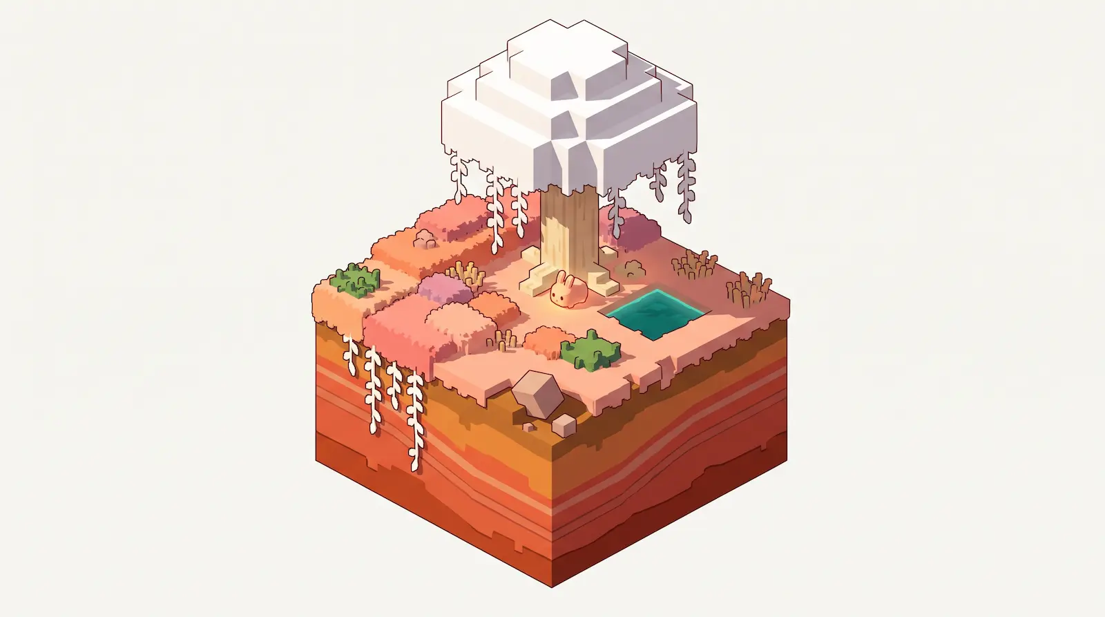 A floating chunk of the Sift with pink and orange sculk grass, a white-canopied tree, a teal ichor pool and a tiny blub