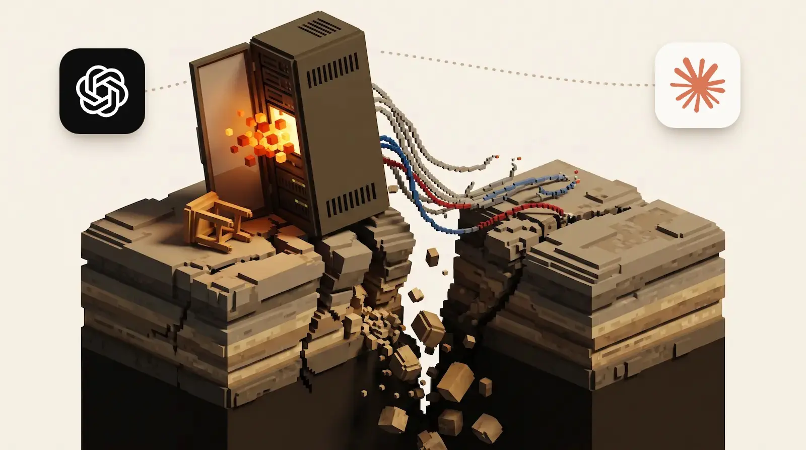 A ChatGPT tile and a Claude tile linked to a tilting server cabinet as its block platform splits and falls apart