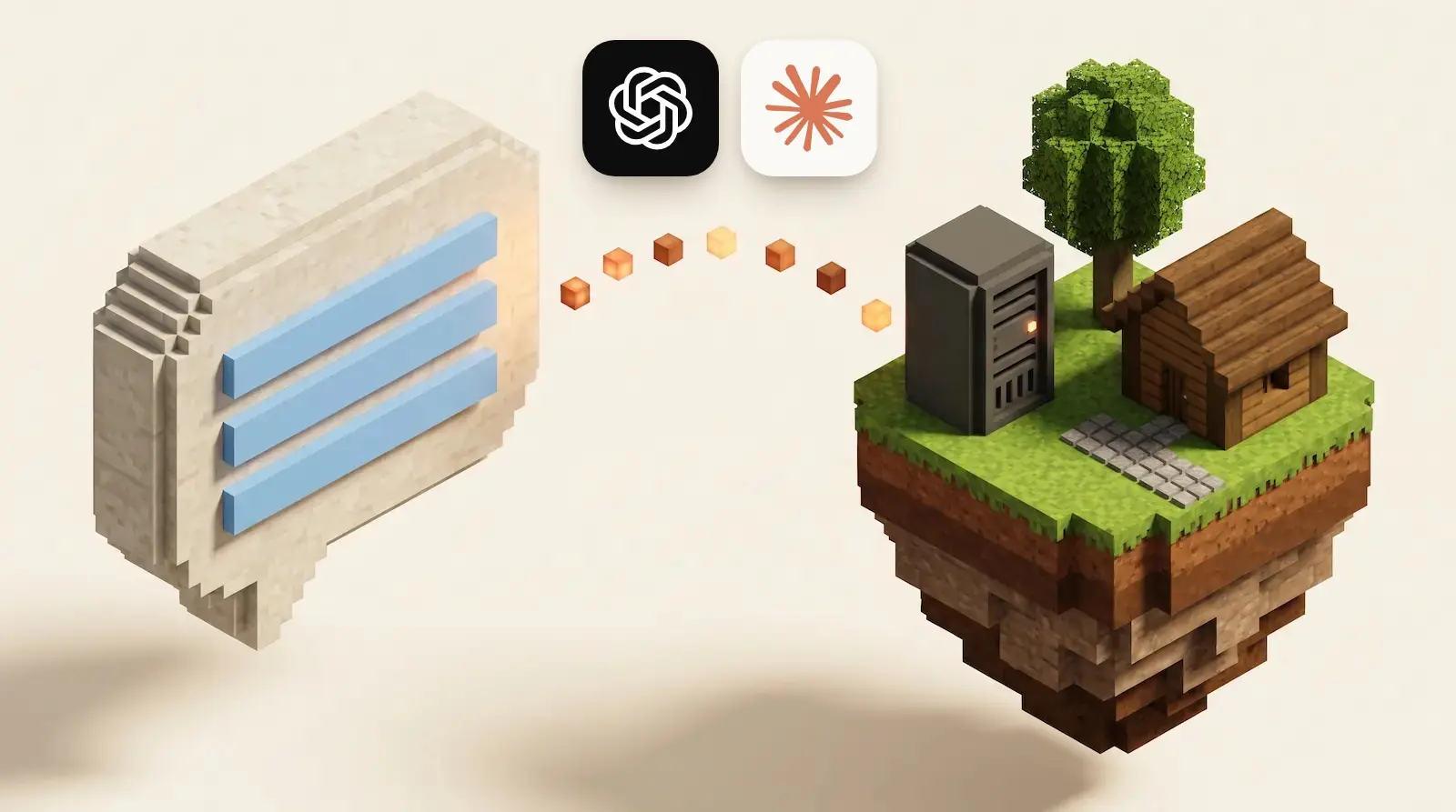 A blocky chat bubble sends a trail of cubes to a floating island with a finished server, a cabin and a tree, under ChatGPT and Claude app tiles