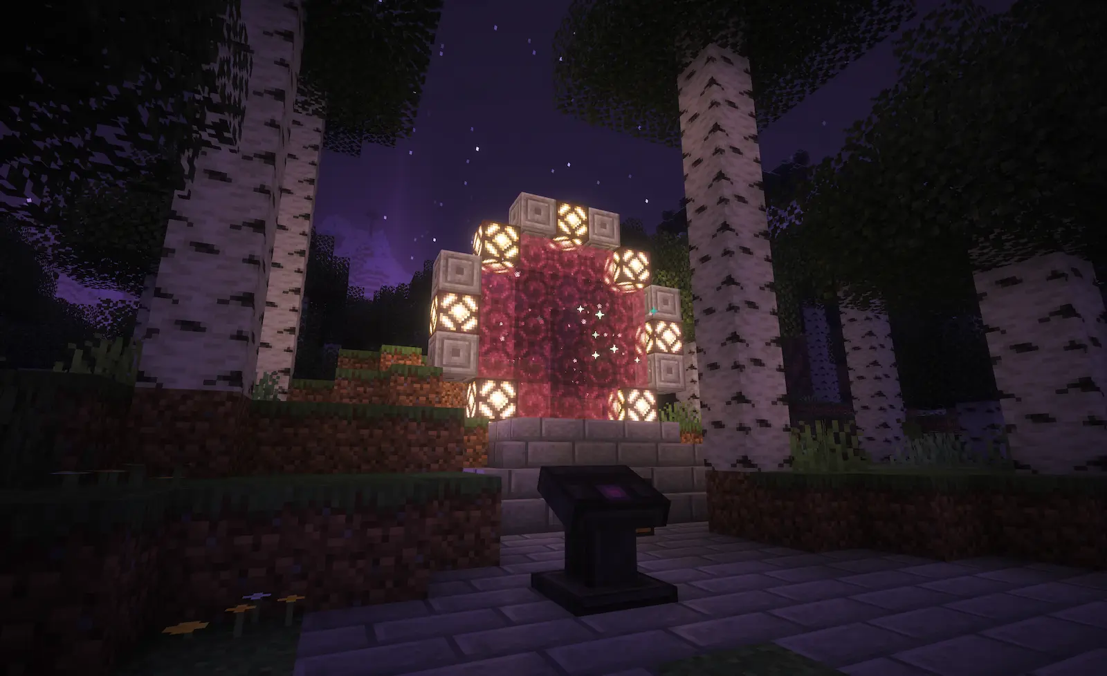 An open Stargate glowing coral pink among white-barked trees under the starry purple sky of the Dark dimension, with its control panel in front