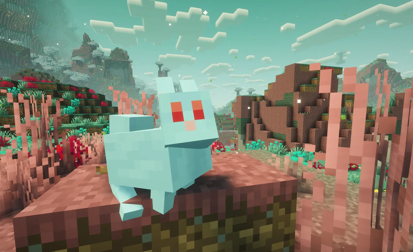 A pale-blue, rabbit-like blub on coral-pink soil among tall pink grass and teal plants, under a turquoise sky