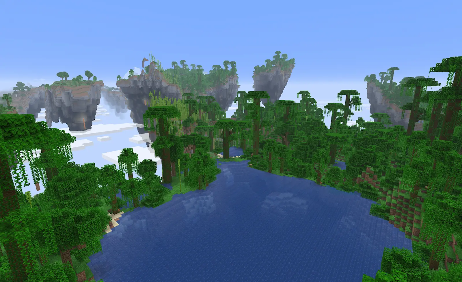 Floating stone islands topped with jungle trees above a sea of clouds, beyond a jungle lake, in a Stargate dimension