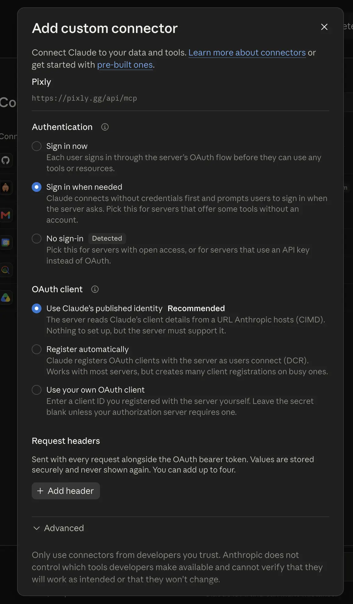 Claude connector sign-in options with Sign in when needed and Use Claude's published identity selected