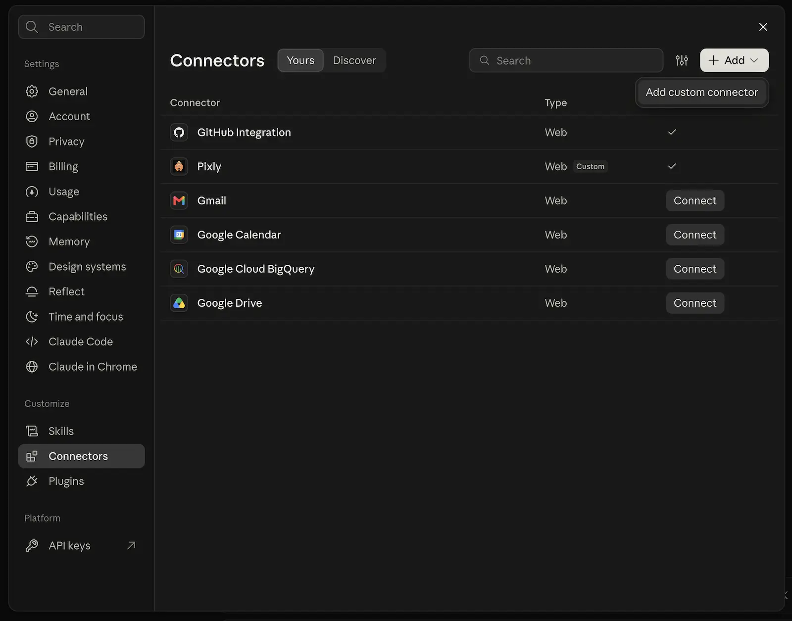 Claude Connectors settings with the Add menu open on Add custom connector