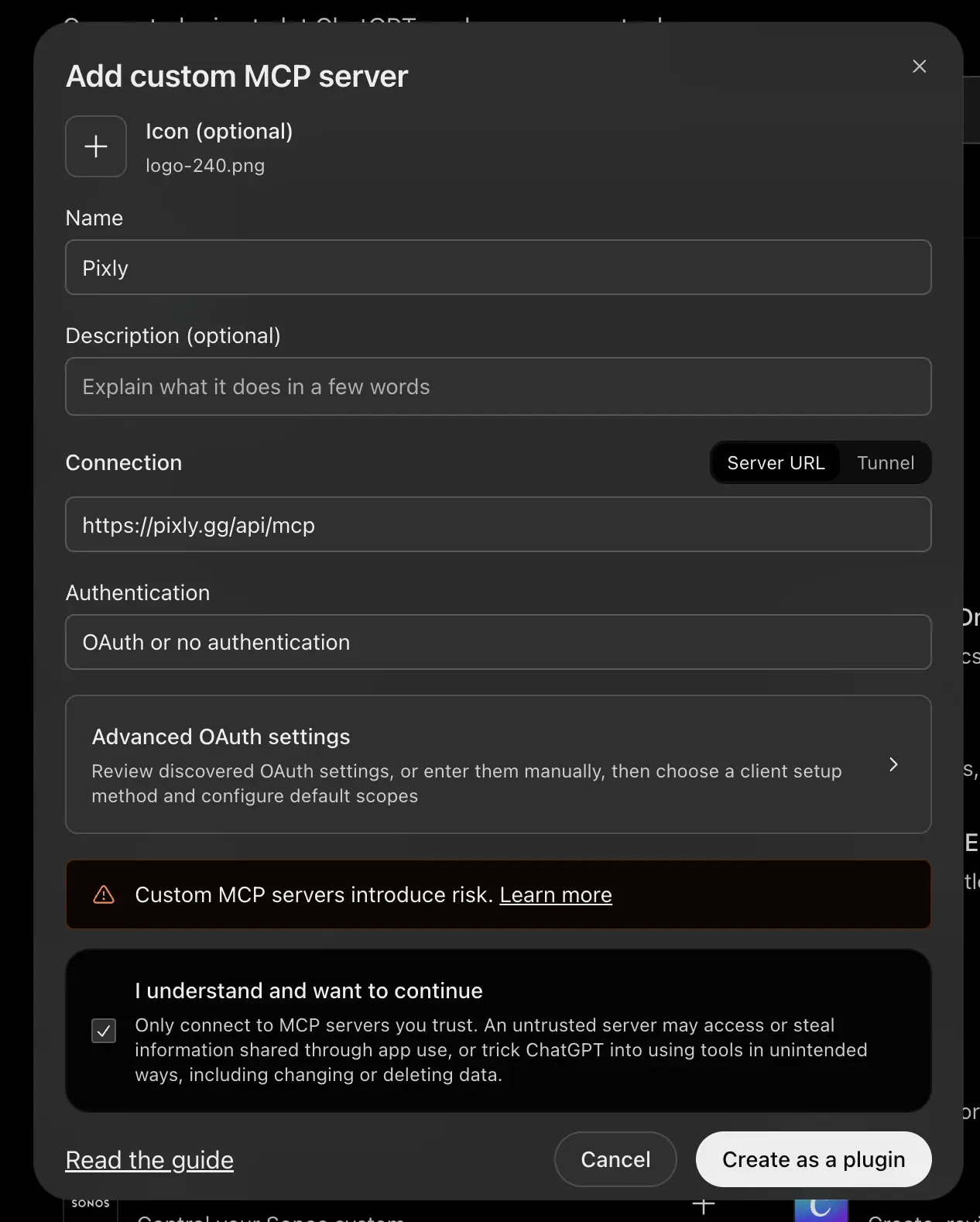 ChatGPT Add custom MCP server form with name Pixly, Server URL, OAuth or no authentication and the risk box ticked